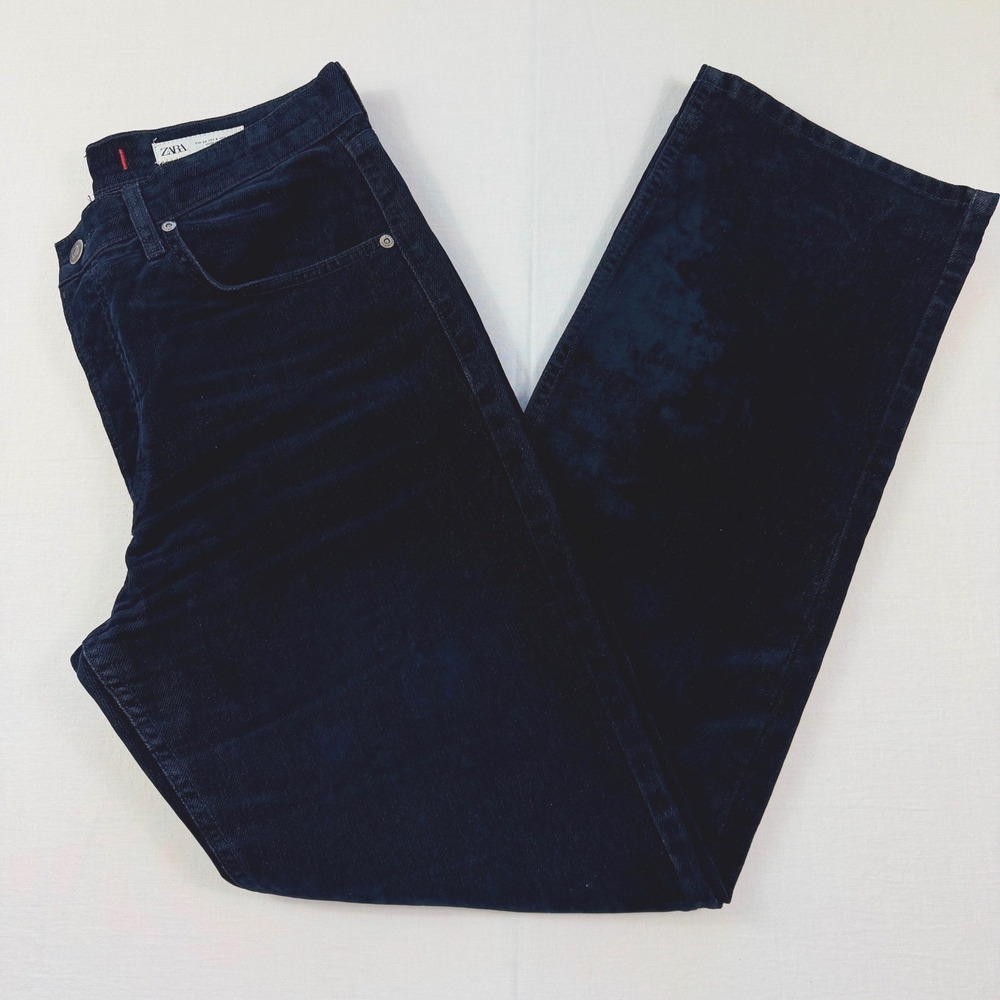 Zara Corduroy Pants Womens 8 Navy Blue Straight Leg Five Pocket Textured Casual